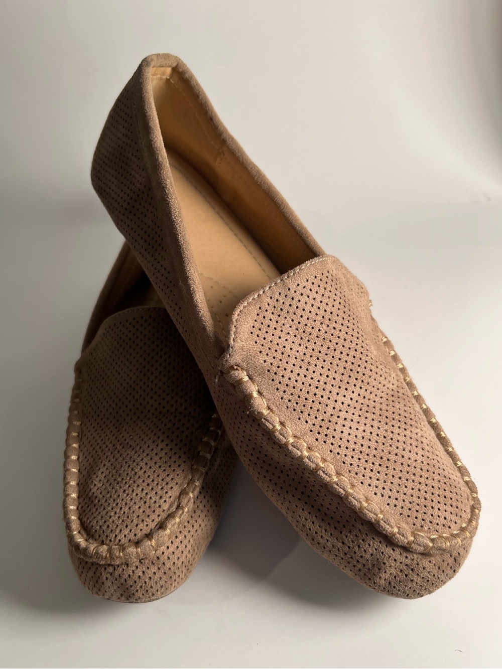 Women’s Faux Suede type material Perforated Loafers - Tan Size 7.5